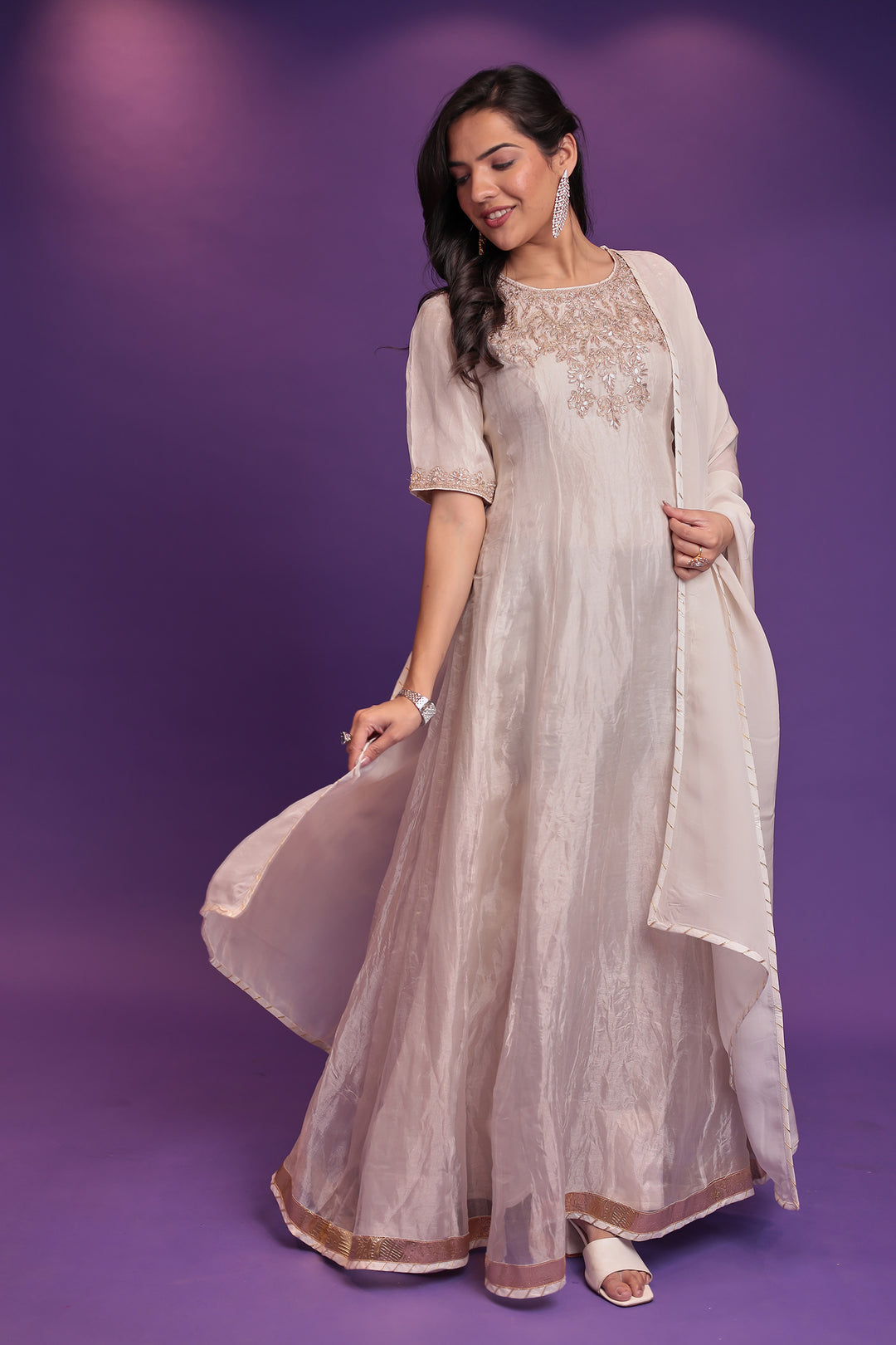 Anarkali Tissue Suit with Dori, Gota Patti and Zardozi work