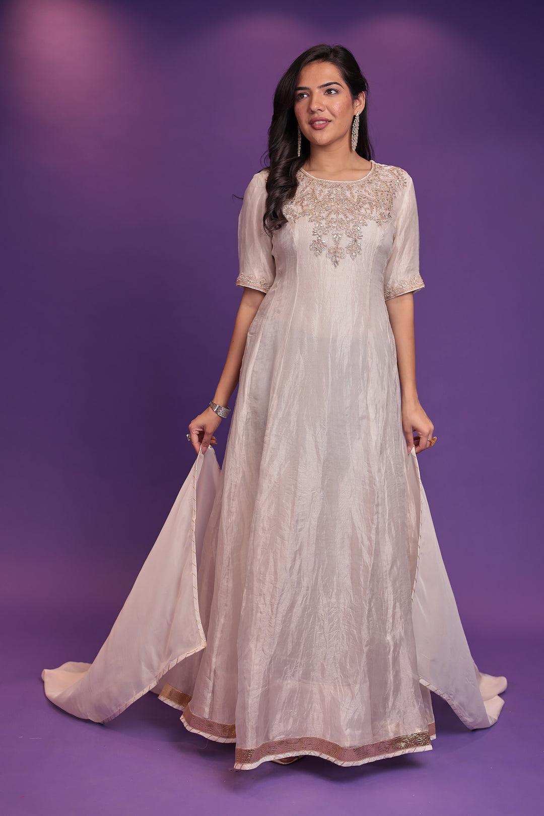 Anarkali Tissue Suit with Dori, Gota Patti and Zardozi work