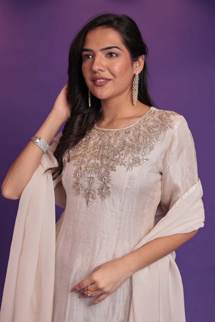 Anarkali Tissue Suit with Dori, Gota Patti and Zardozi work