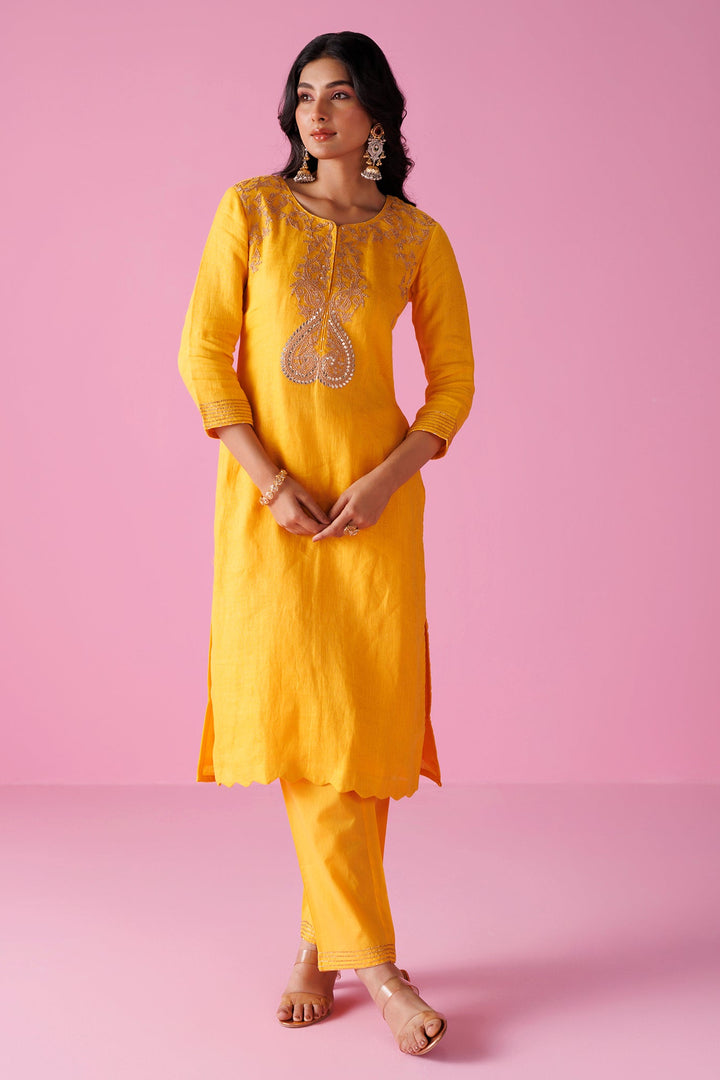 Linen Suit Stitched with Dori and Gota Patti work