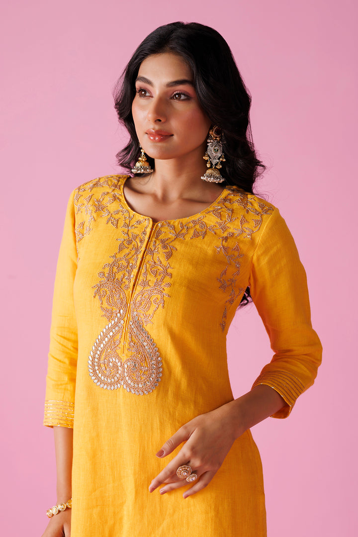 Linen Suit Stitched with Dori and Gota Patti work