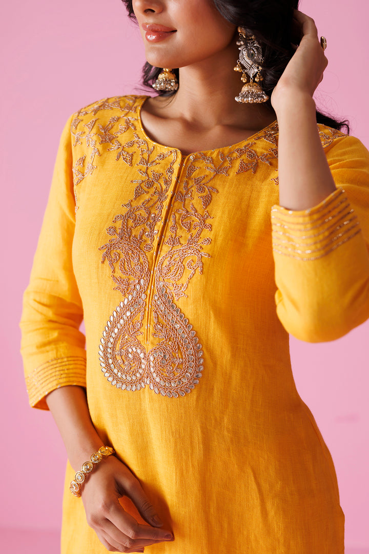 Linen Suit Stitched with Dori and Gota Patti work