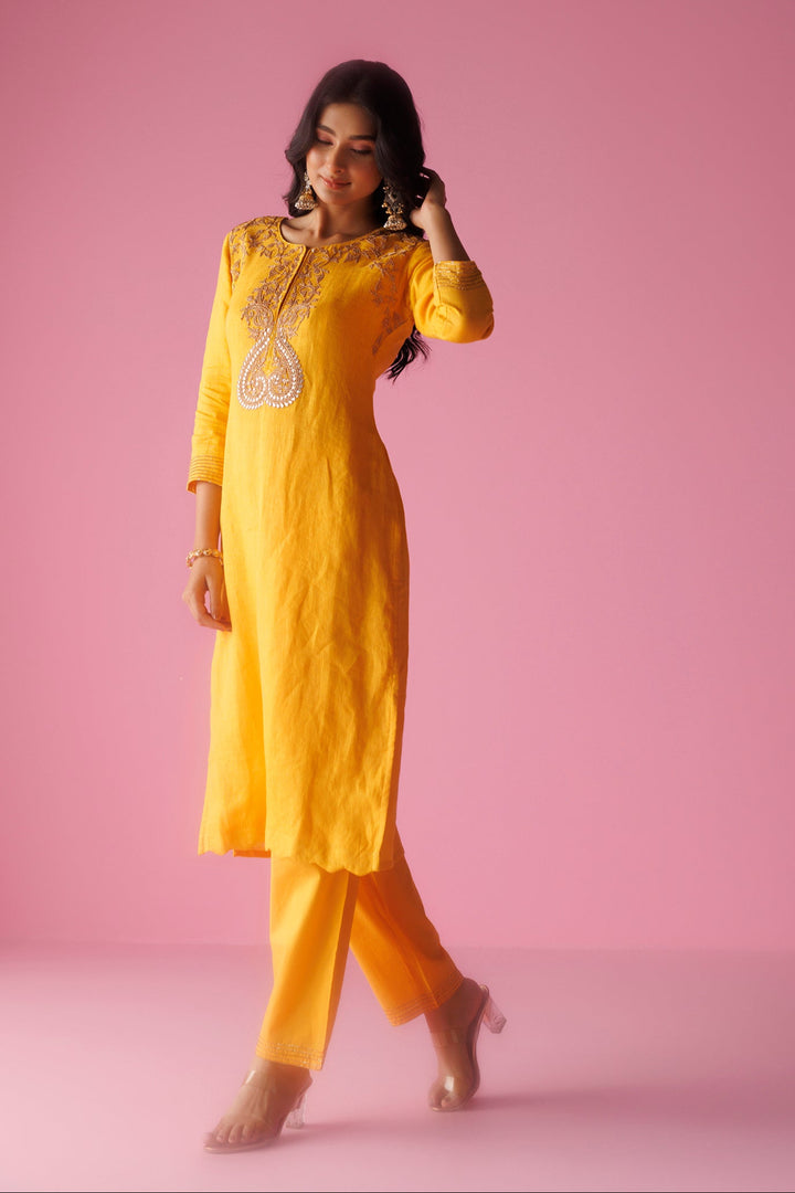 Linen Suit Stitched with Dori and Gota Patti work