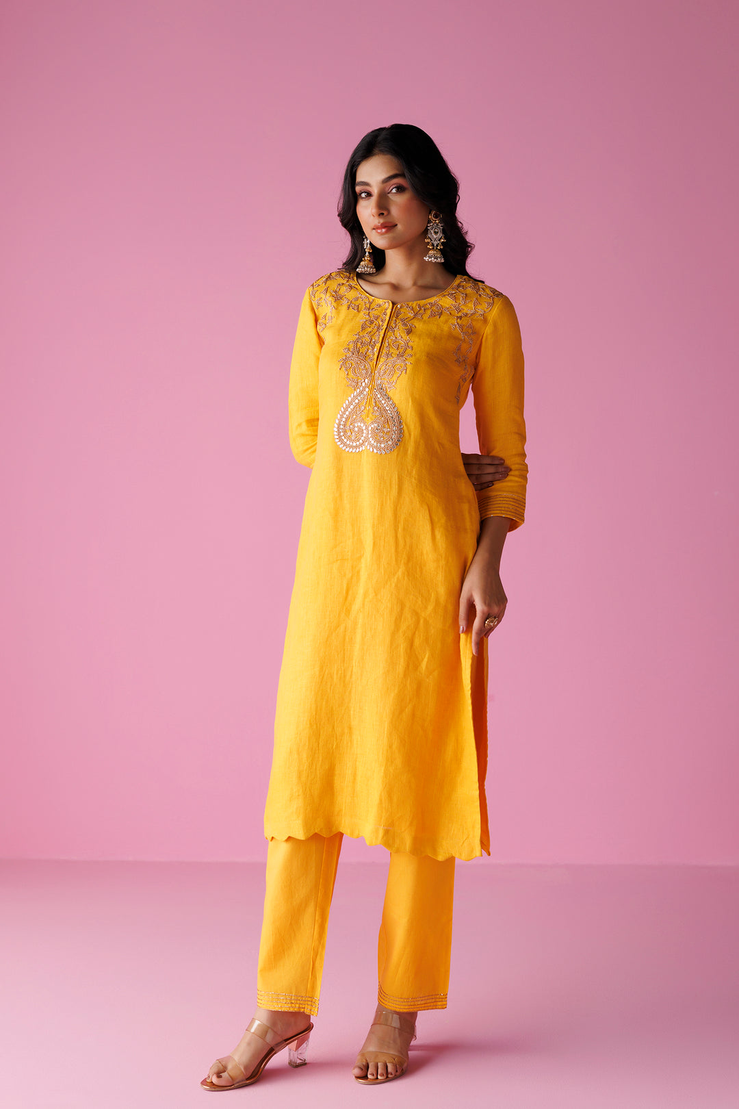 Linen Suit Stitched with Dori and Gota Patti work