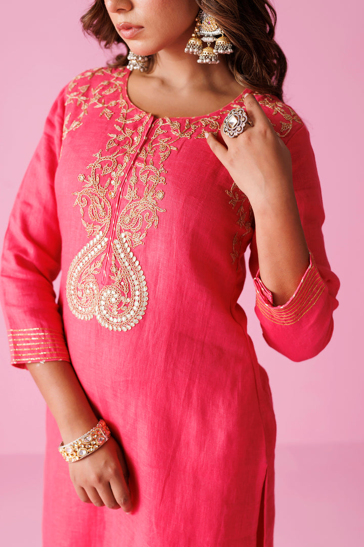 Linen Suit Stitched with Dori and Gota Patti work