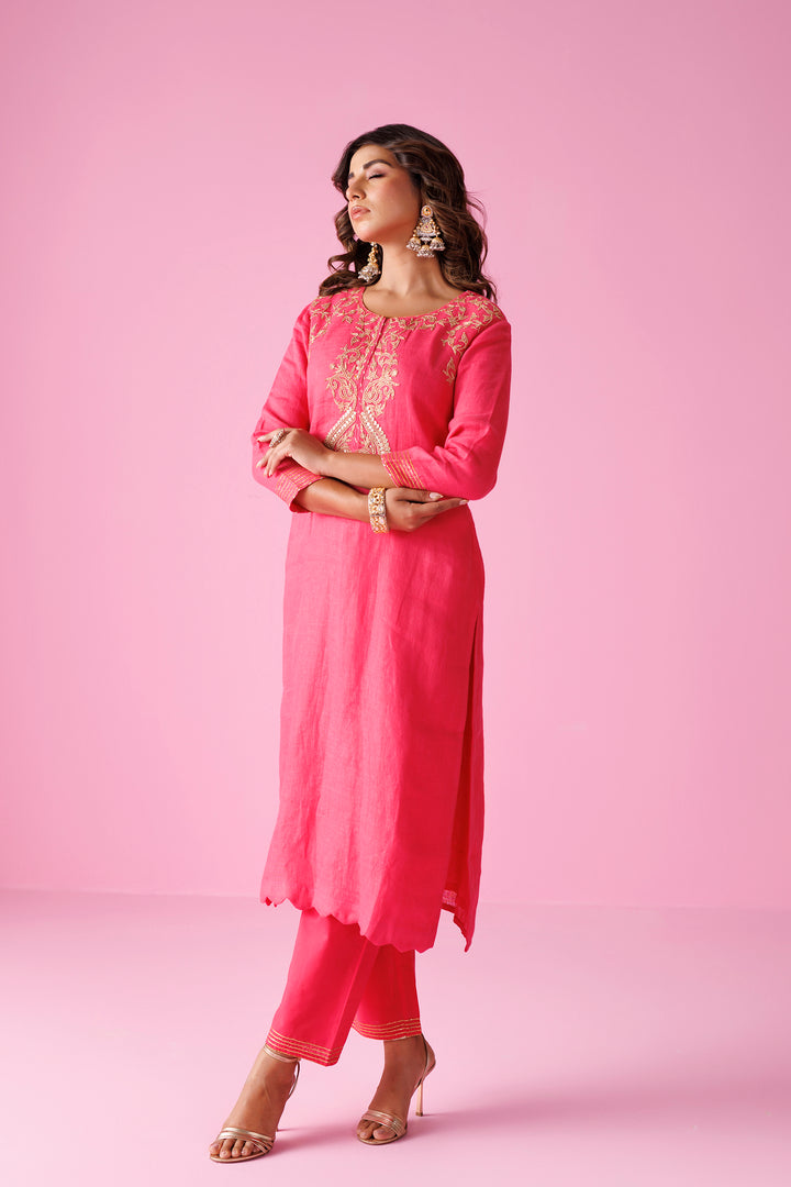 Linen Suit Stitched with Dori and Gota Patti work