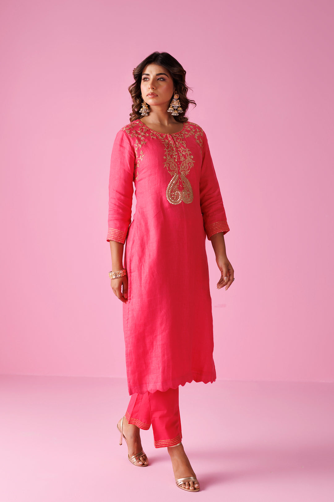 Linen Suit Stitched with Dori and Gota Patti work