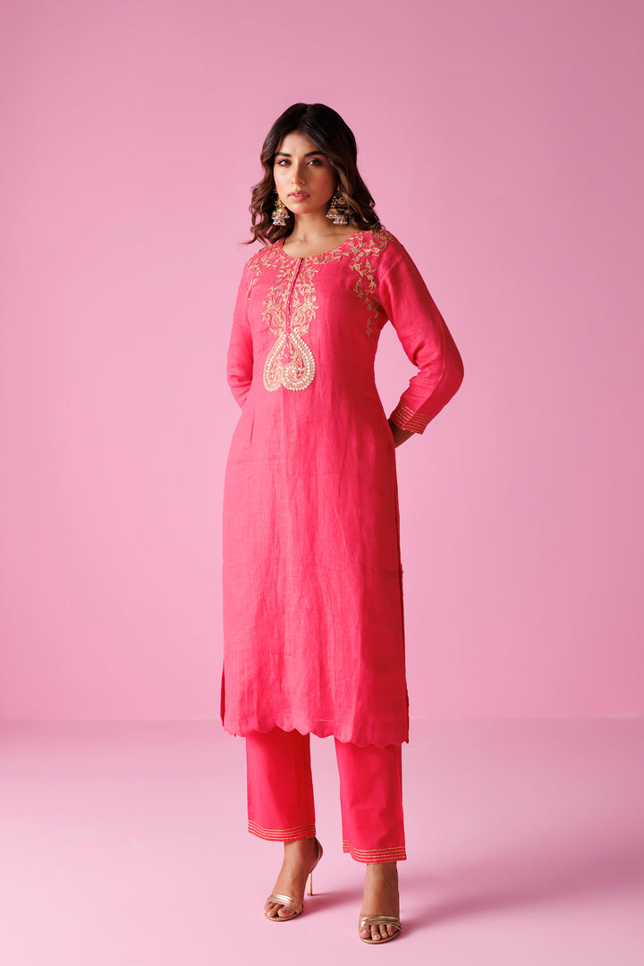 Linen Suit Stitched with Dori and Gota Patti work