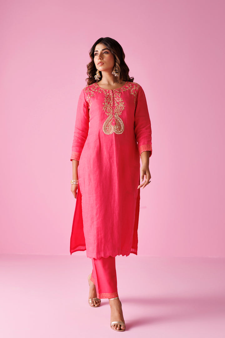 Linen Suit Stitched with Dori and Gota Patti work