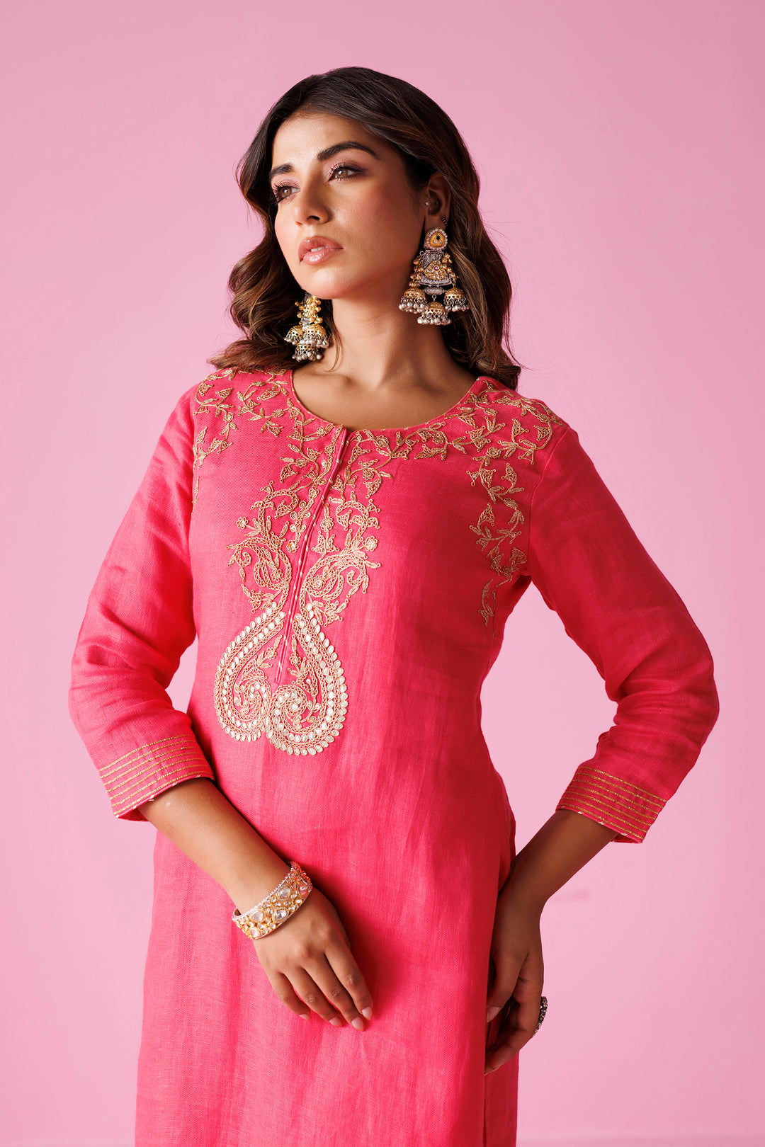 Linen Suit Stitched with Dori and Gota Patti work