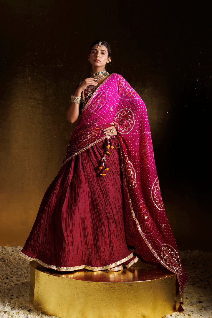 Bandhej Crushed Silk Lehenga with Aari and Gota Patti work
