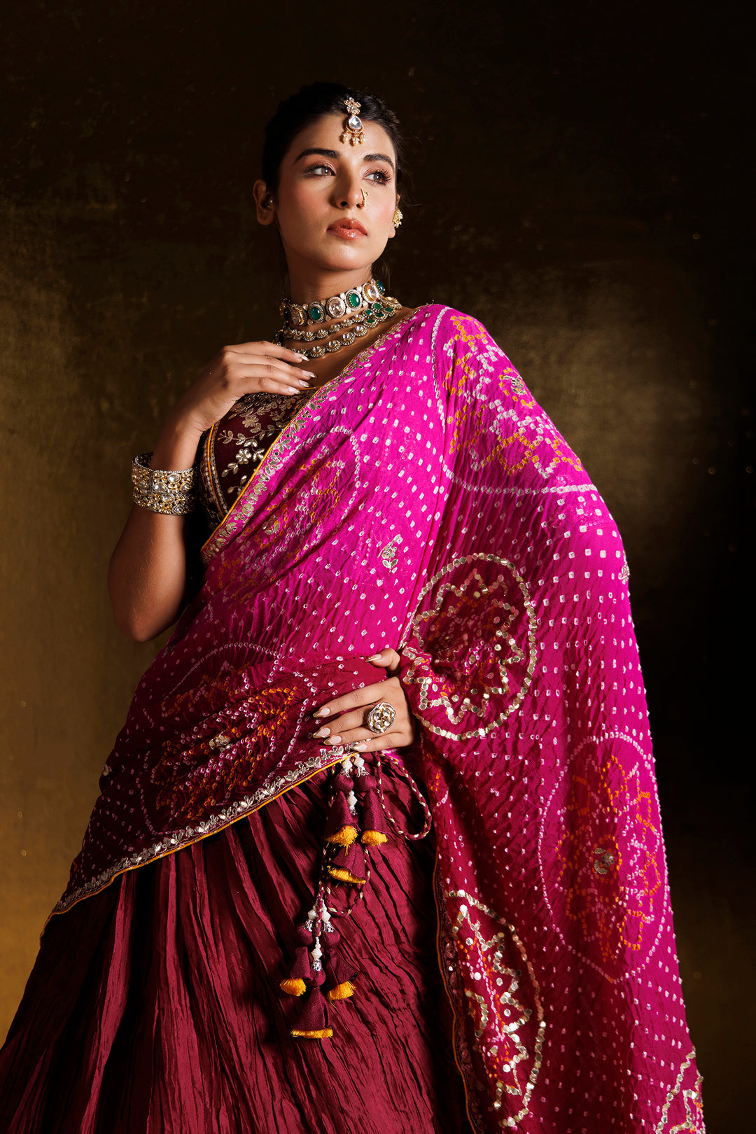 Bandhej Crushed Silk Lehenga with Aari and Gota Patti work