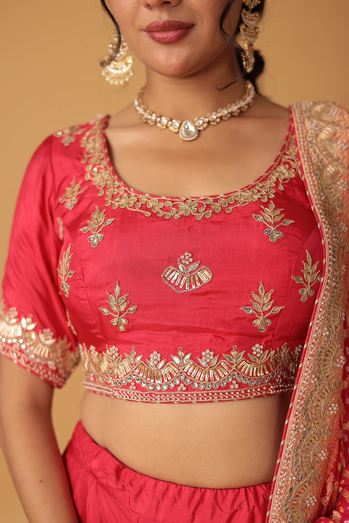 Red Silk Lehenga with Dori, Gota Patti & Pearl Work Paired with Bandhej Dupatta