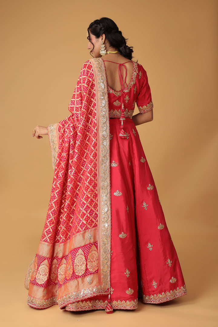 Red Silk Lehenga with Dori, Gota Patti & Pearl Work Paired with Bandhej Dupatta
