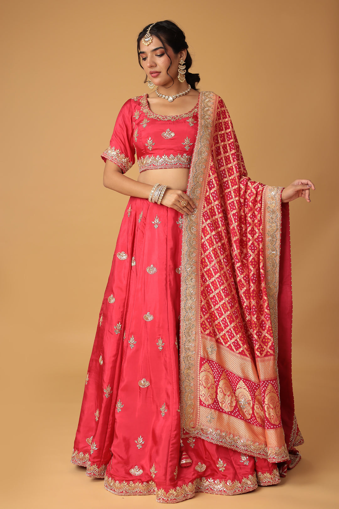 Red Silk Lehenga with Dori, Gota Patti & Pearl Work Paired with Bandhej Dupatta