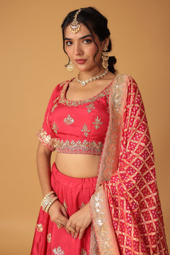 Red Silk Lehenga with Dori, Gota Patti & Pearl Work Paired with Bandhej Dupatta