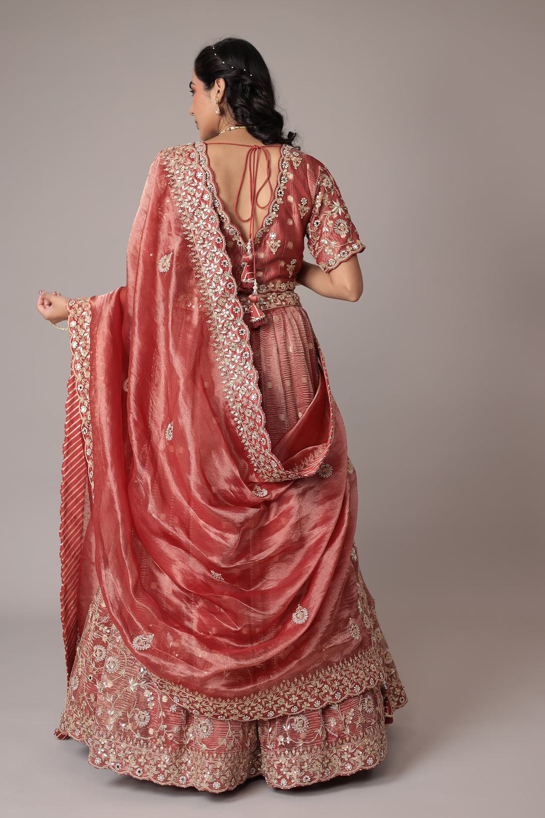 Shimmer Tissue Lehenga with Gota Patti, Pearl, Thread and Zardozi work