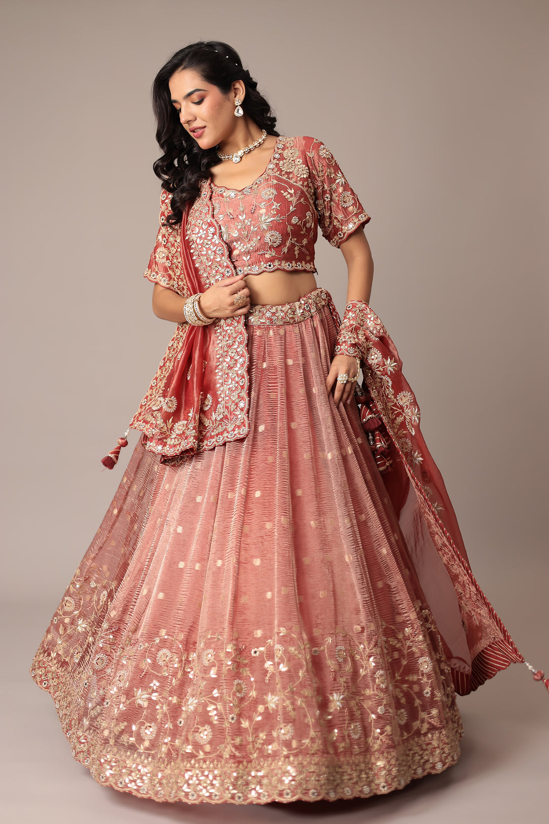 Shimmer Tissue Lehenga with Gota Patti, Pearl, Thread and Zardozi work