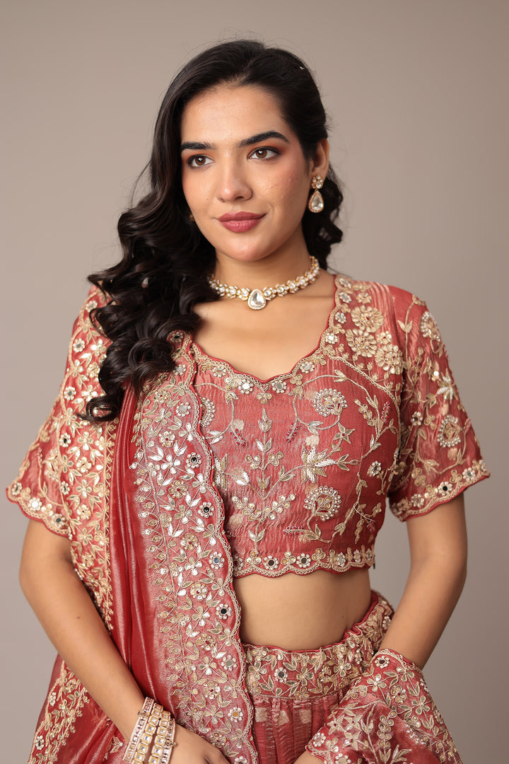 Shimmer Tissue Lehenga with Gota Patti, Pearl, Thread and Zardozi work