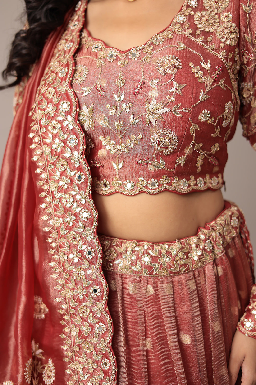 Shimmer Tissue Lehenga with Gota Patti, Pearl, Thread and Zardozi work