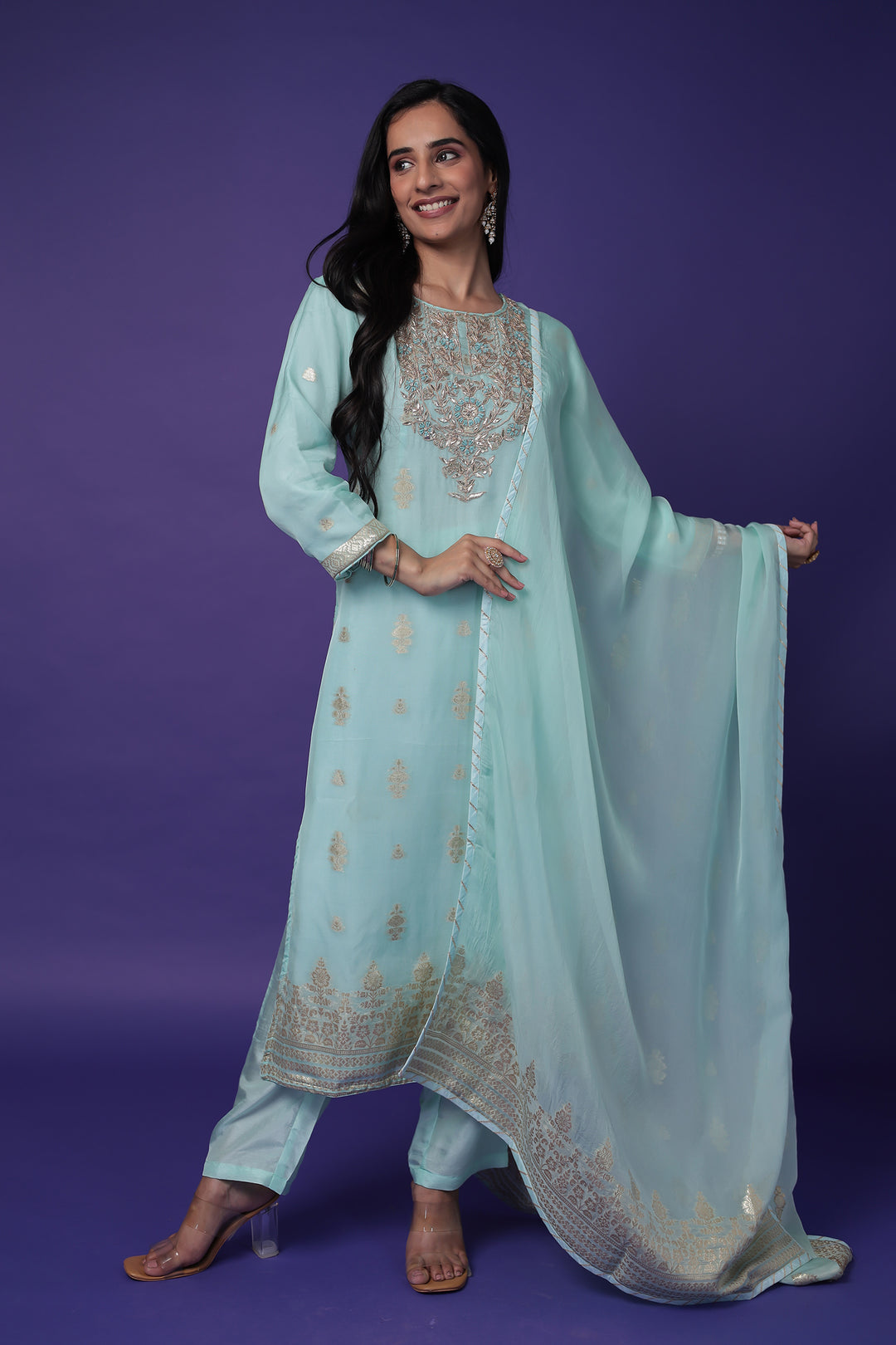Soft organza Handloom Suit with Gota Patti, Thread and Zardozi work