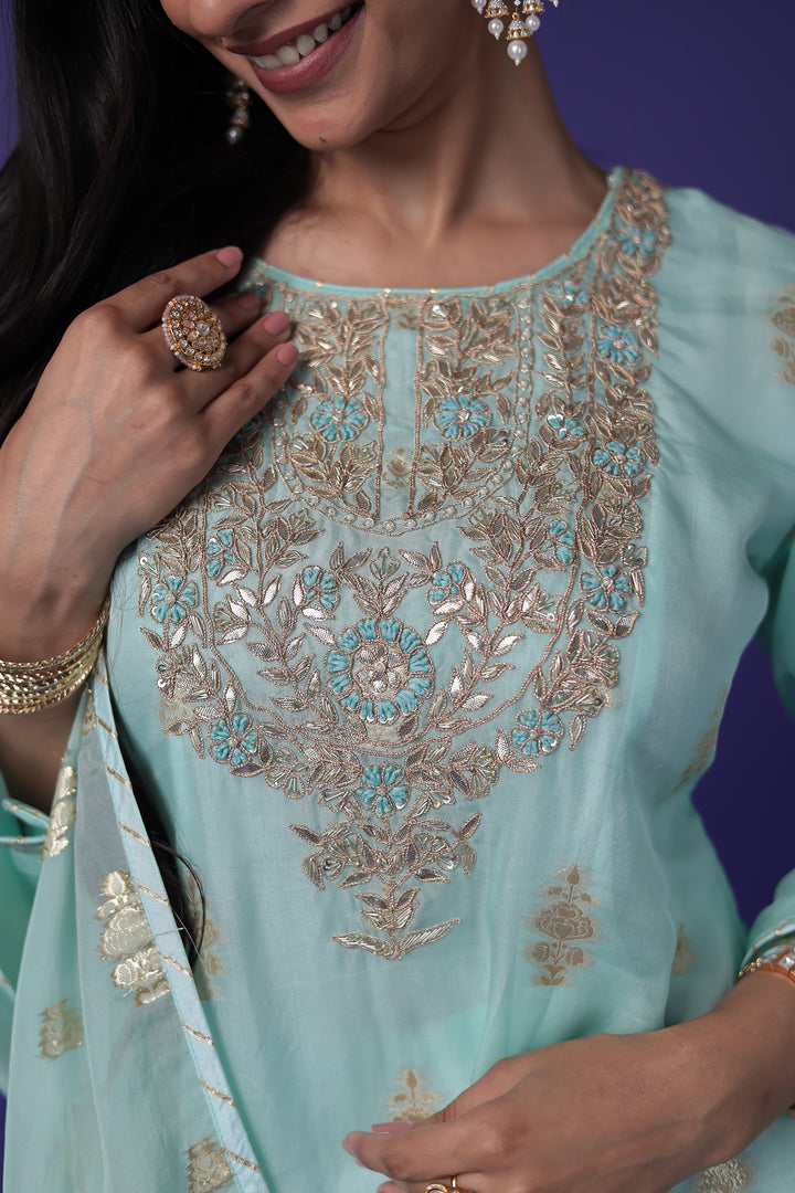 Soft organza Handloom Suit with Gota Patti, Thread and Zardozi work