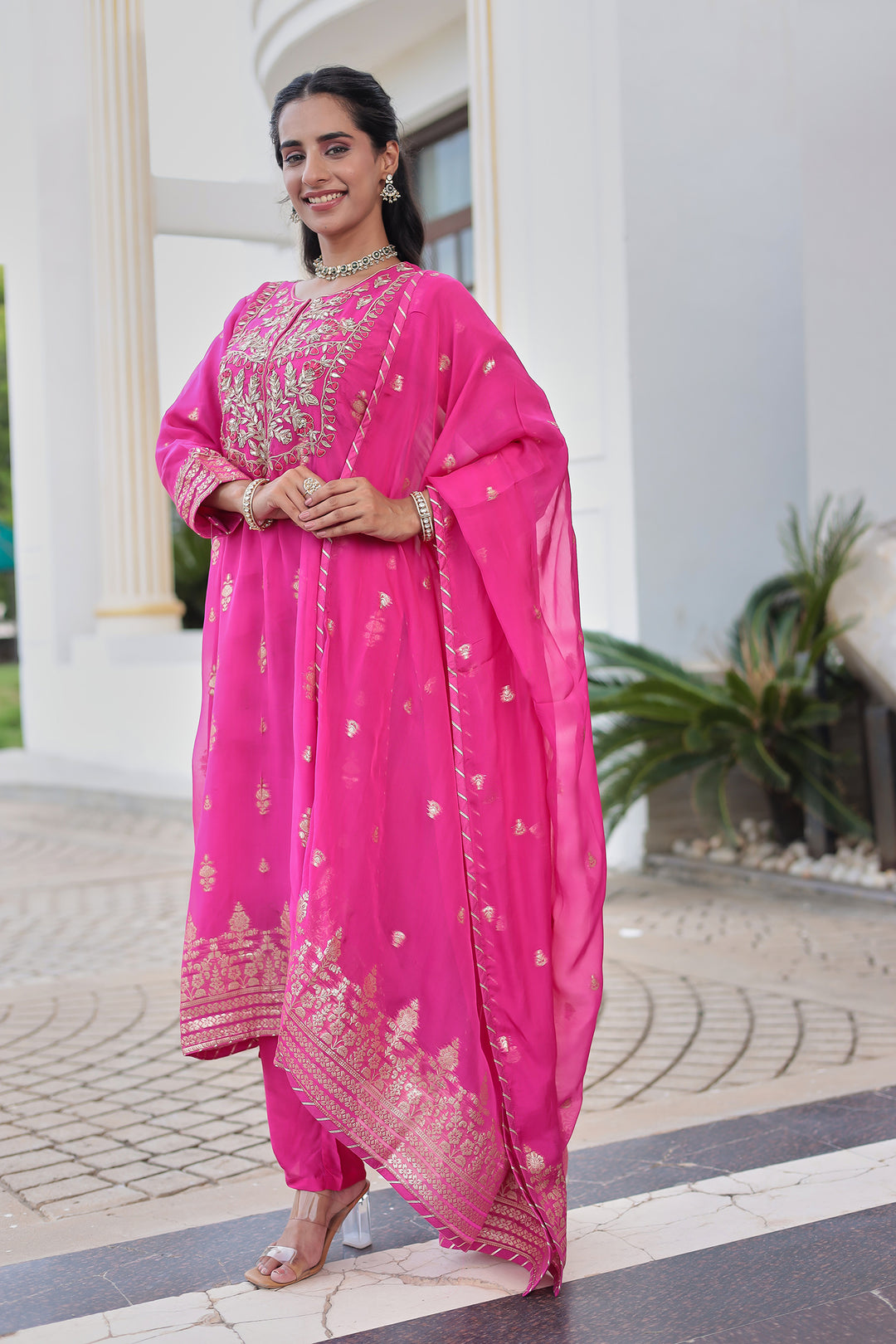 Elegant Handwoven Organza Suit with Intricate Thread, Zardozi & Gota Patti Detailing
