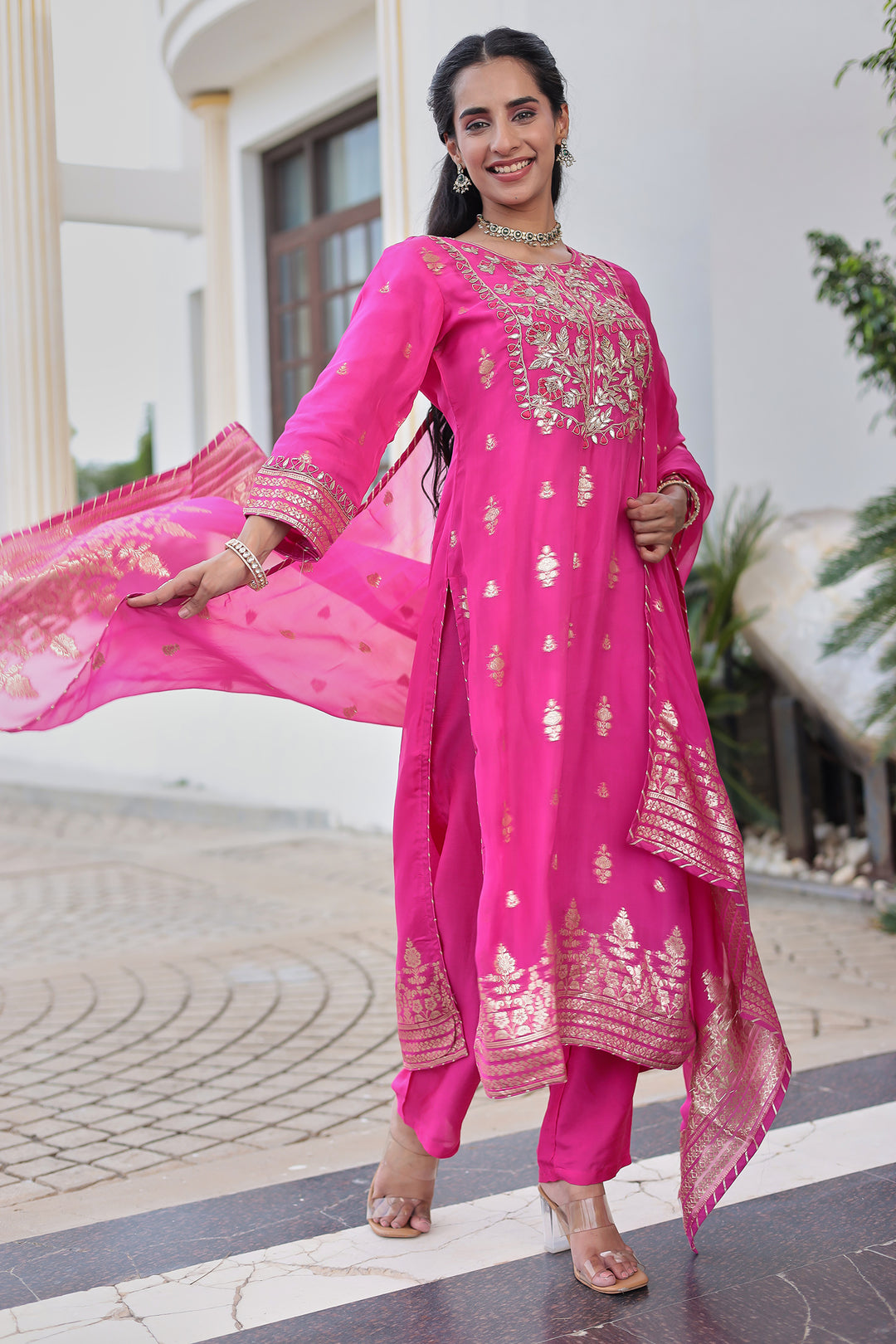 Elegant Handwoven Organza Suit with Intricate Thread, Zardozi & Gota Patti Detailing