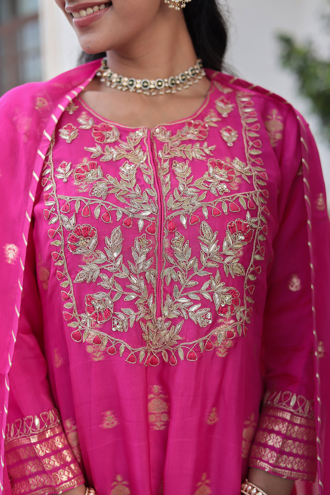 Elegant Handwoven Organza Suit with Intricate Thread, Zardozi & Gota Patti Detailing