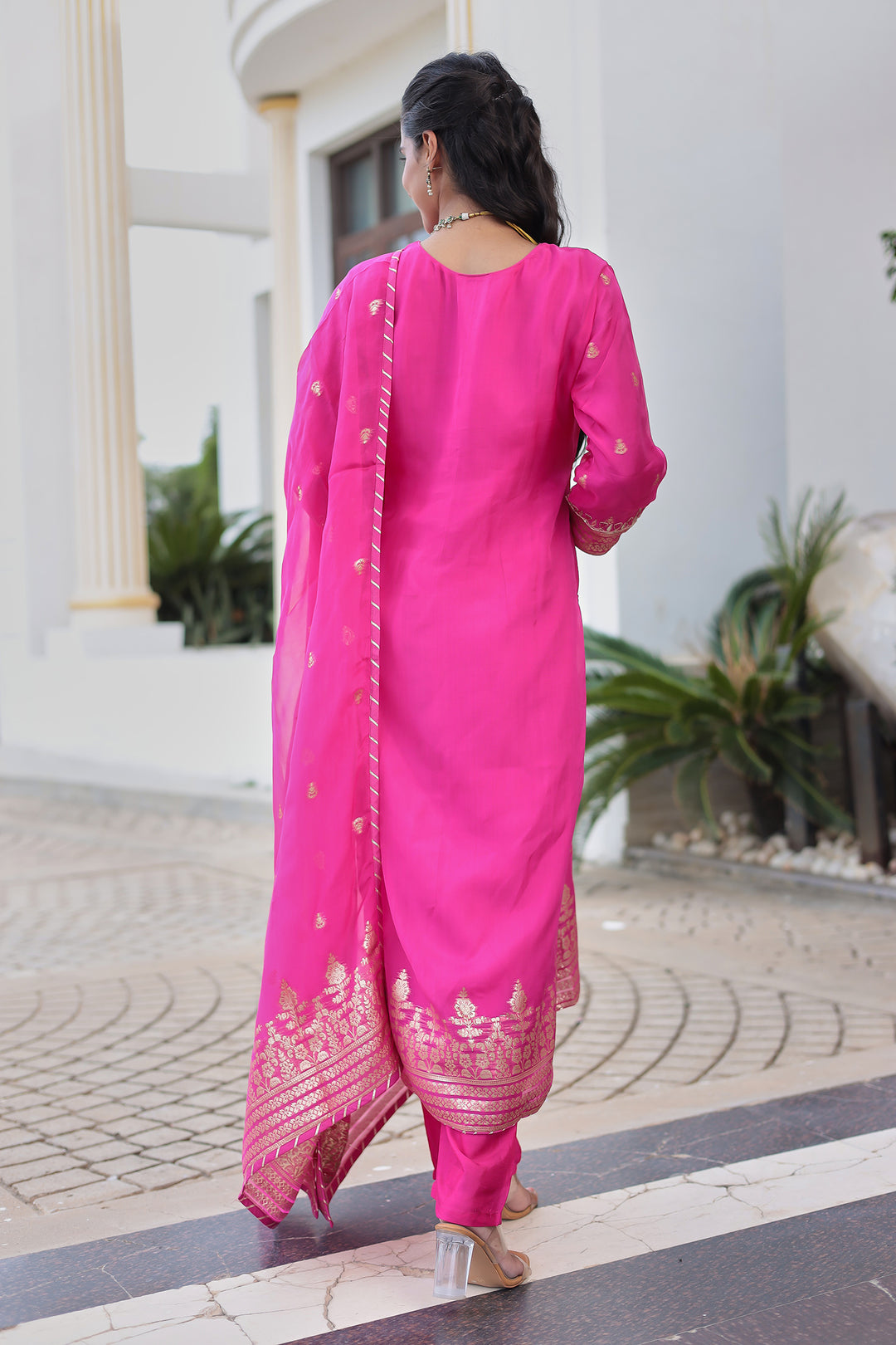 Elegant Handwoven Organza Suit with Intricate Thread, Zardozi & Gota Patti Detailing