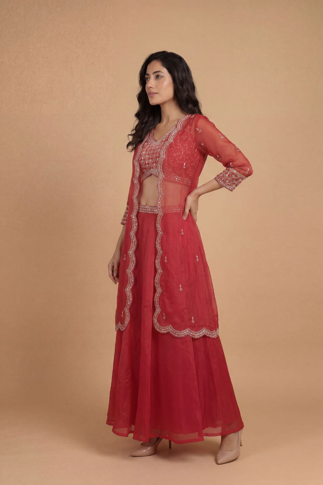 Organza Indowestern with Dori, Gota Patti, Pearl, Sequins work.