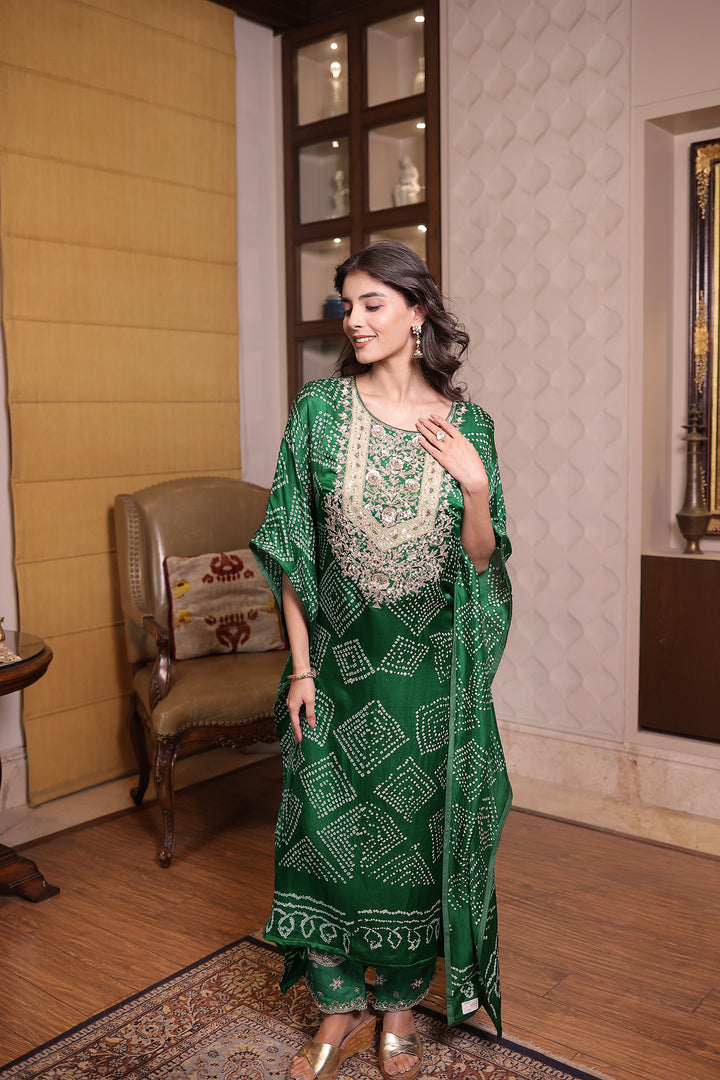 Dark Green Gajji silk Kaftan with Dori, Pearl and Zardozi work.