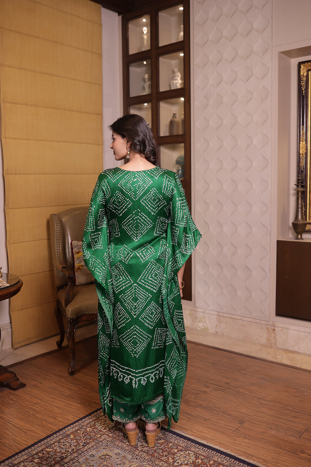 Dark Green Gajji silk Kaftan with Dori, Pearl and Zardozi work.