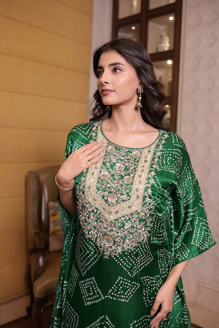 Dark Green Gajji silk Kaftan with Dori, Pearl and Zardozi work.
