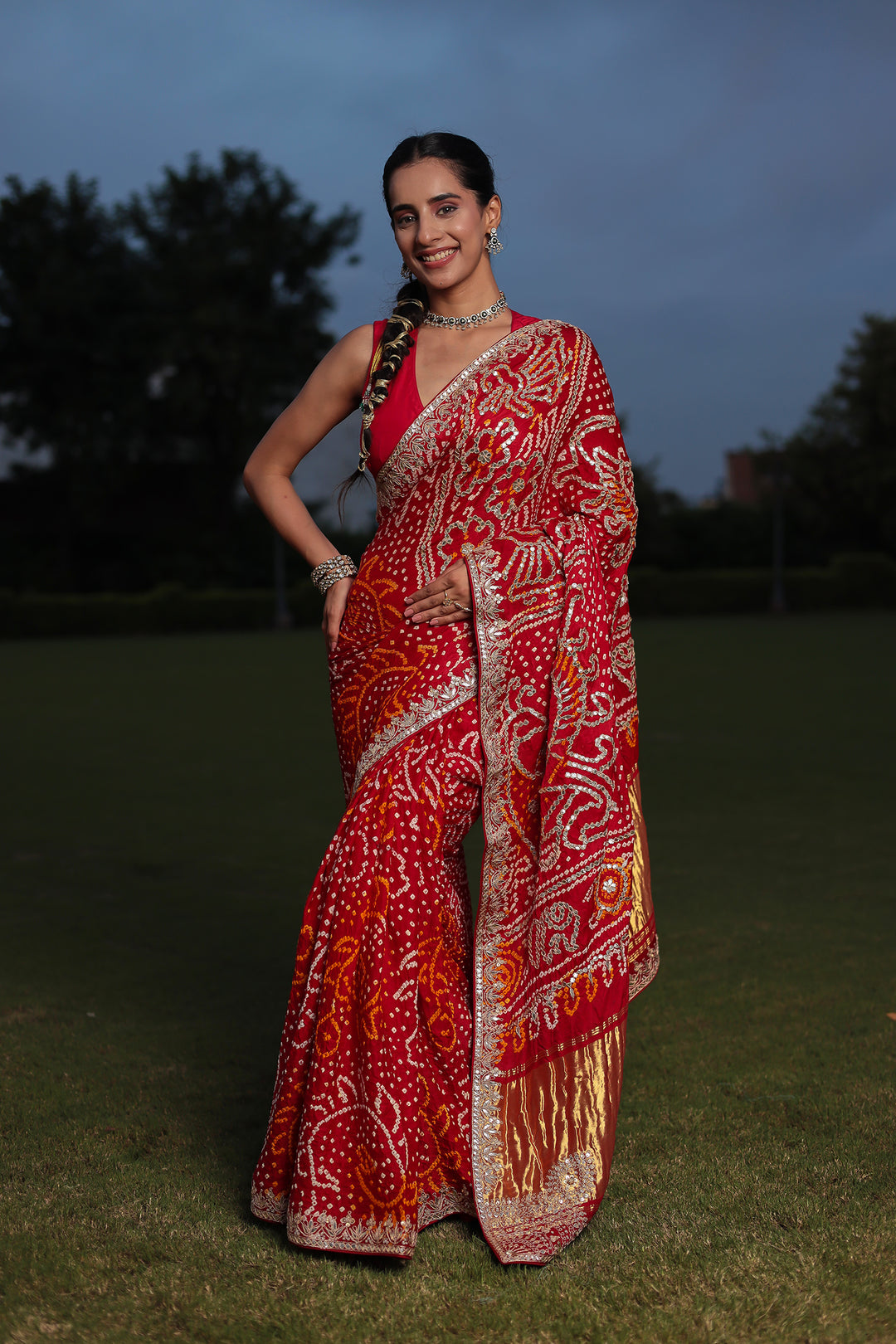 Red Bandhej Gajji Silk Saree 