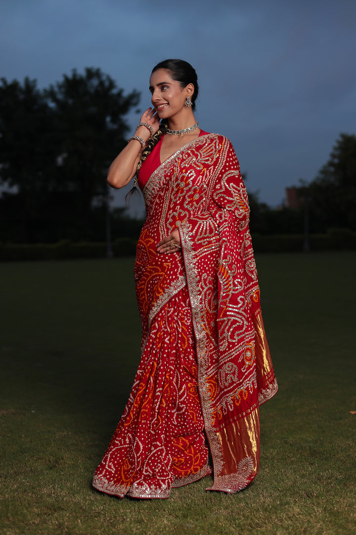Bandhej Gajji Silk Saree with Dori & Gota Patti Embroidery