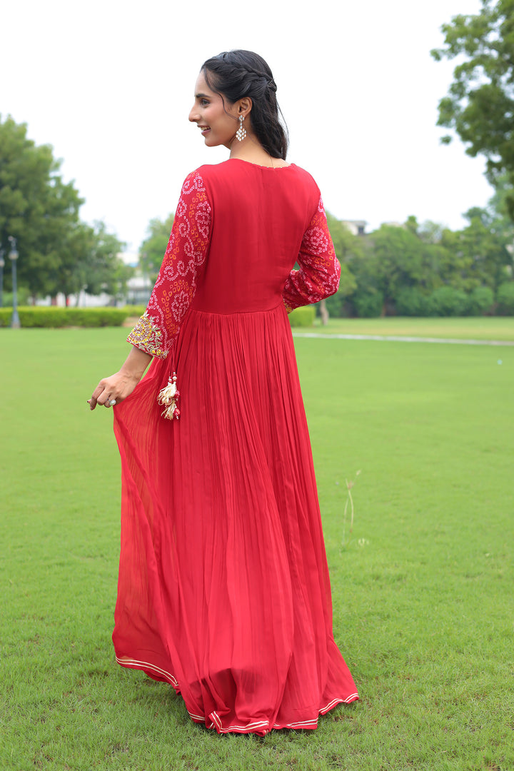 Traditional Bandhej Georgette Anarkali Suit with Gota Patti, Zardozi & Thread Embroidery