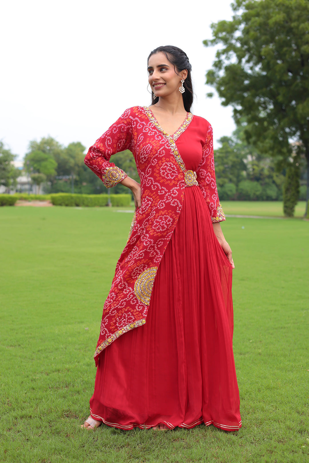 Traditional Bandhej Georgette Anarkali Suit with Gota Patti, Zardozi & Thread Embroidery