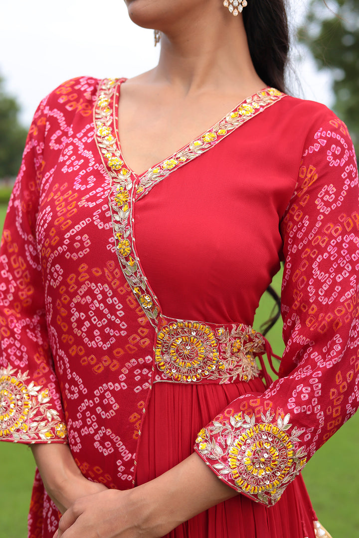 Traditional Bandhej Georgette Anarkali Suit with Gota Patti, Zardozi & Thread Embroidery