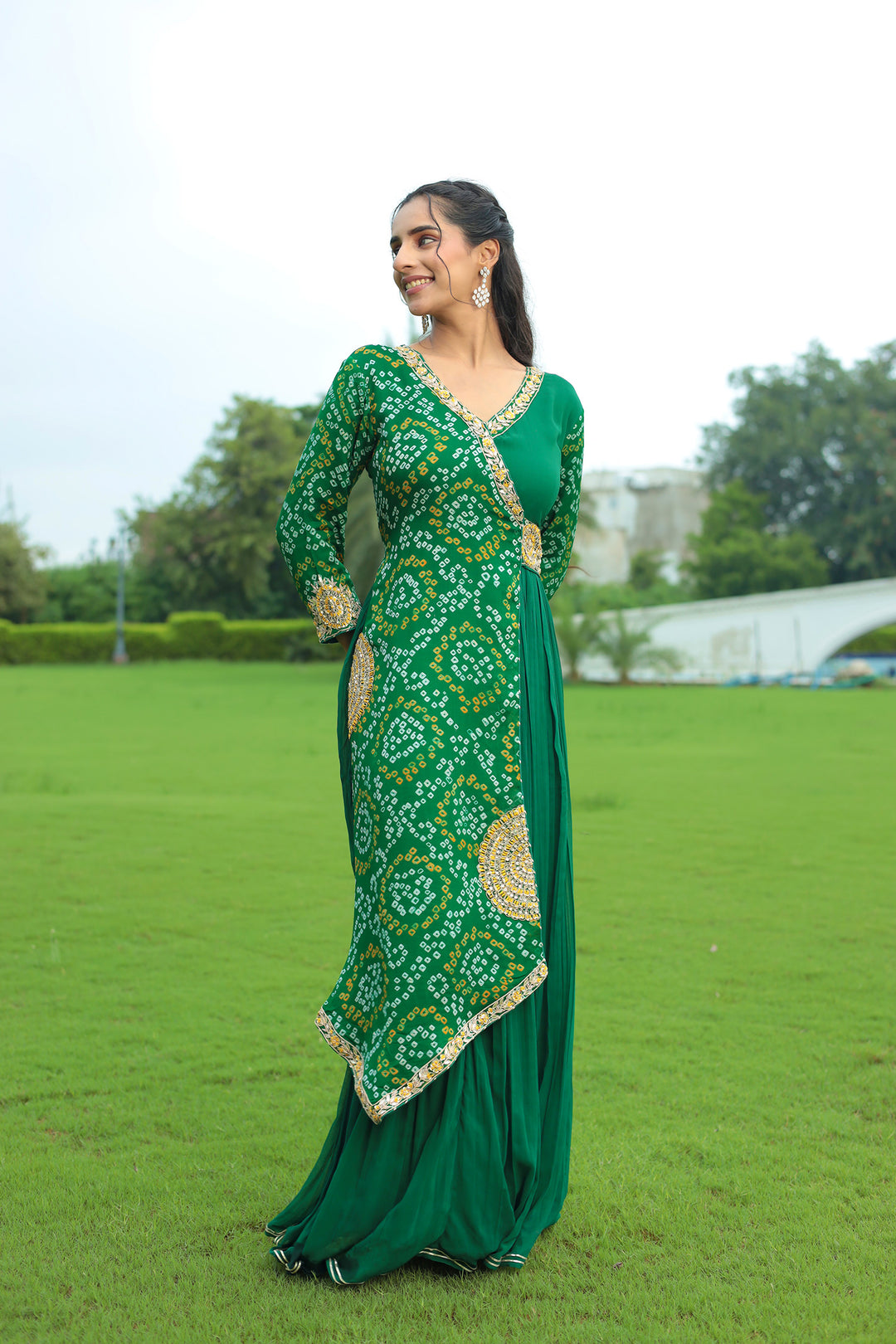 Traditional Bandhej Georgette Anarkali Suit with Gota Patti, Zardozi & Thread Embroidery