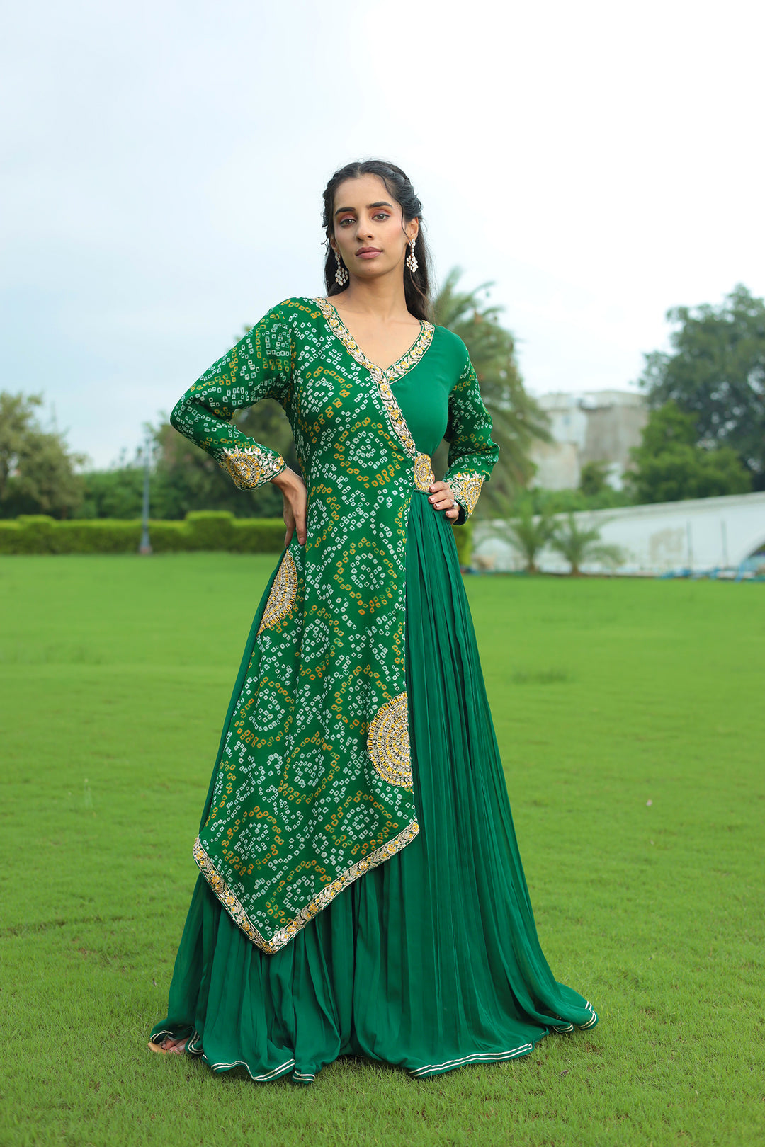 green bandhej outfit
