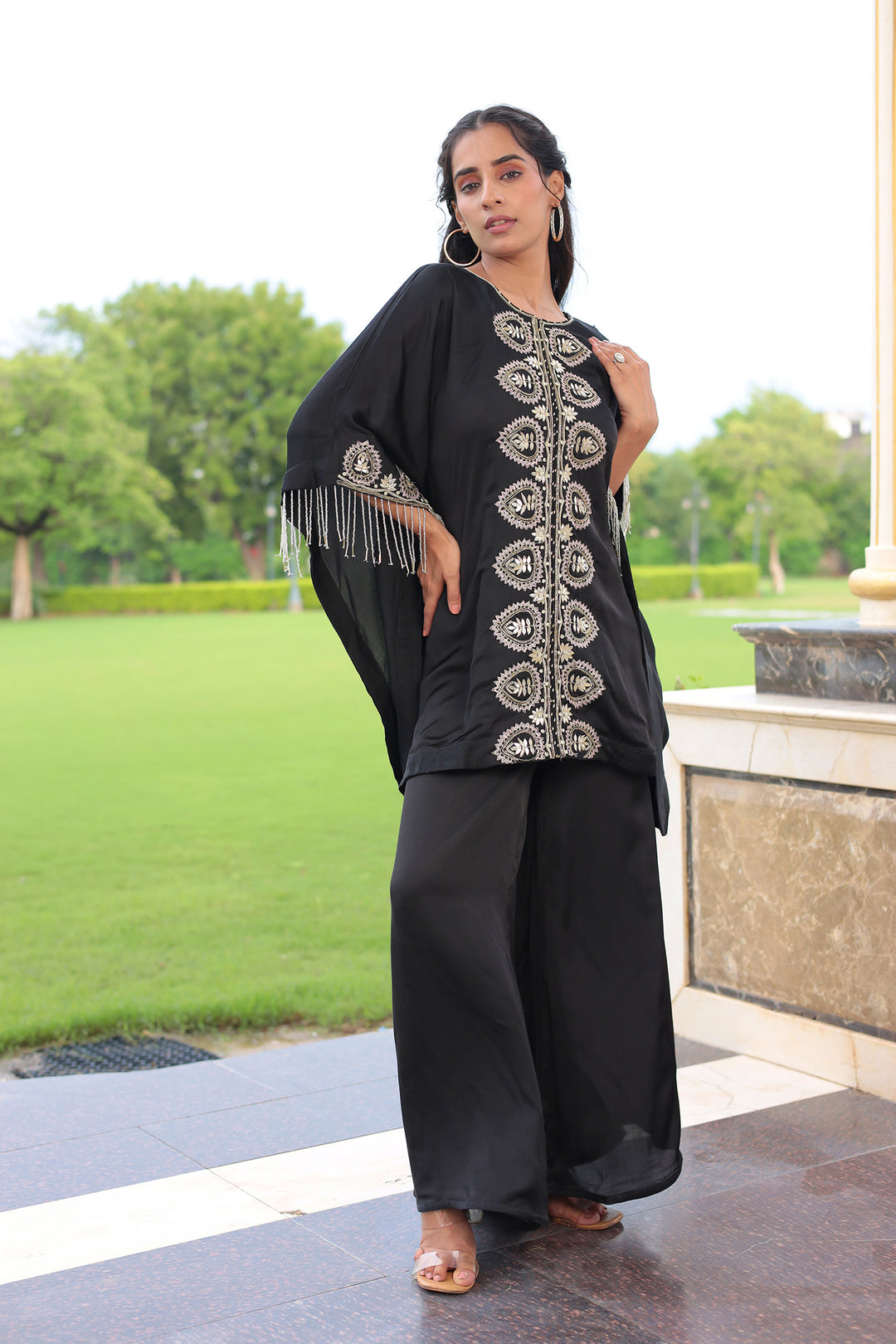Satin Kaftan Silk Suit Embellished with Gota Patti and Cutdana work
