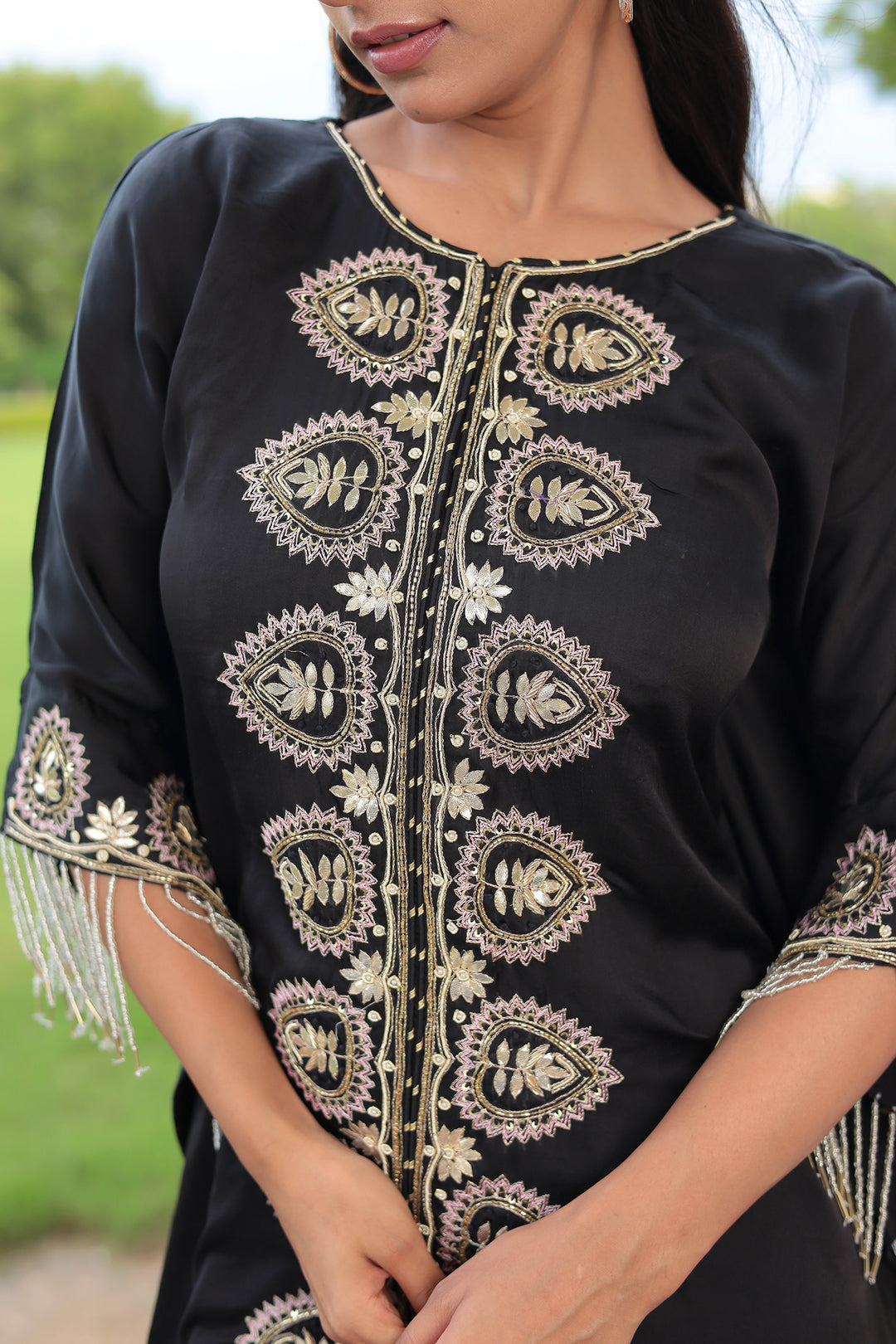 Satin Kaftan Silk Suit Embellished with Gota Patti and Cutdana work