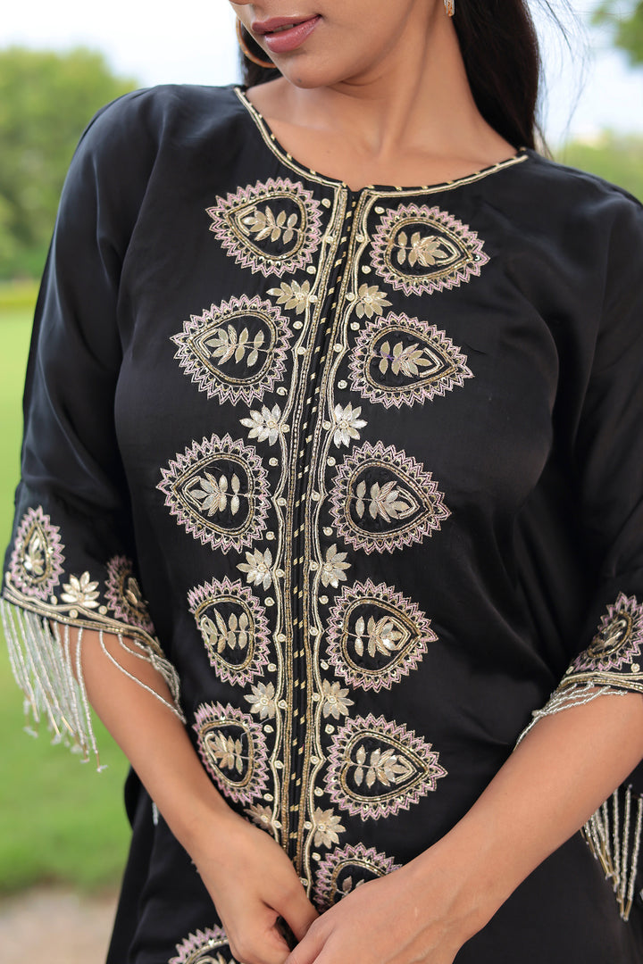 Satin Kaftan Silk Suit Embellished with Gota Patti and Cutdana work