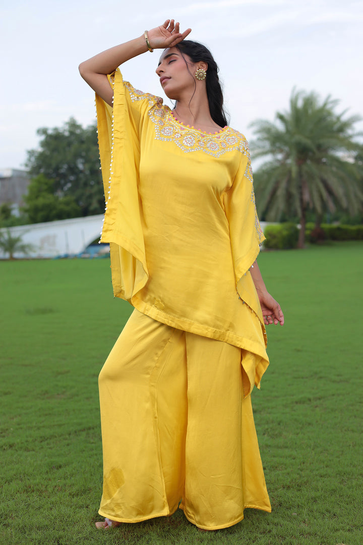 Flowy Satin Kaftan Style Suit with Gota Patti Detailing