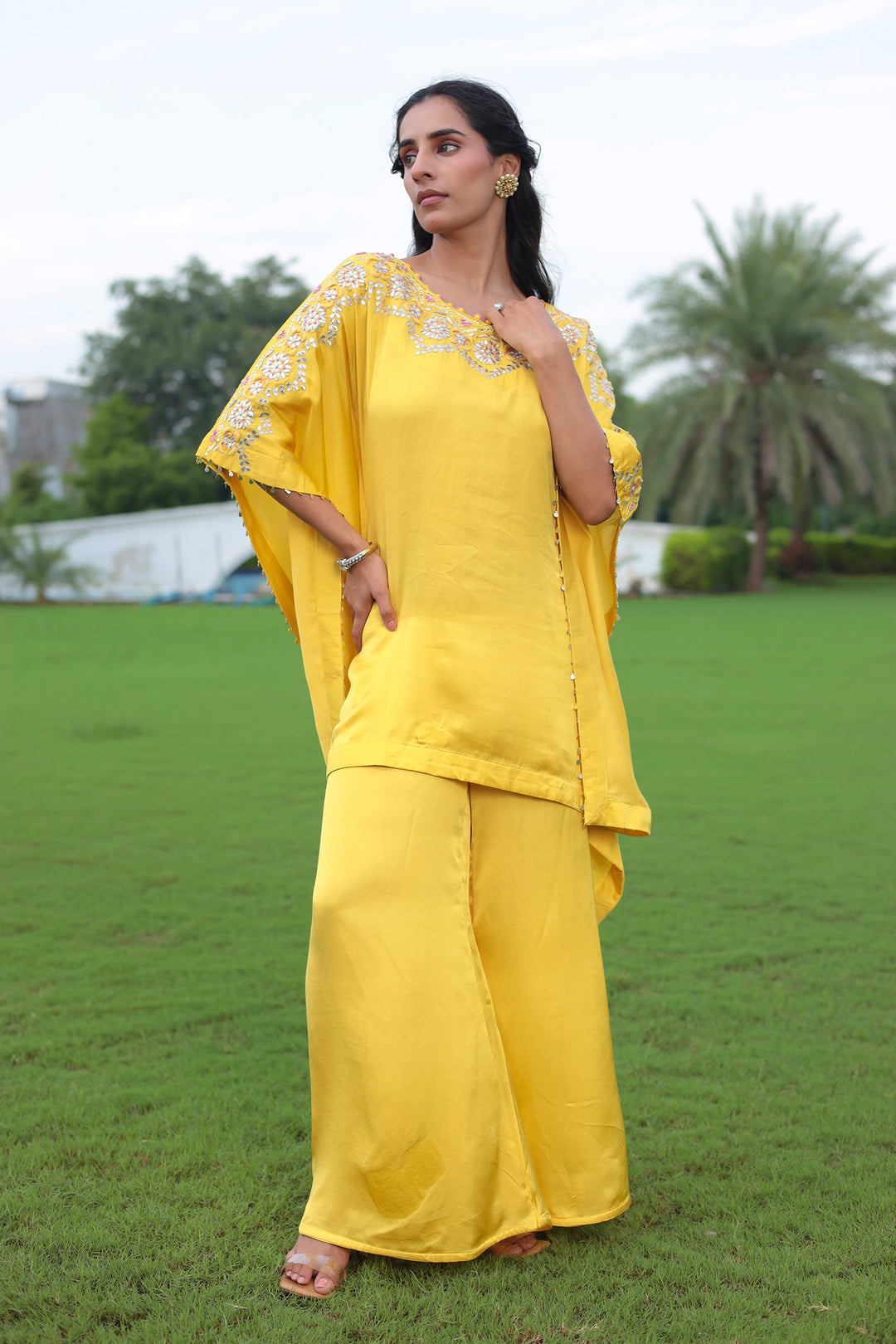 Flowy Satin Kaftan Style Suit with Gota Patti Detailing