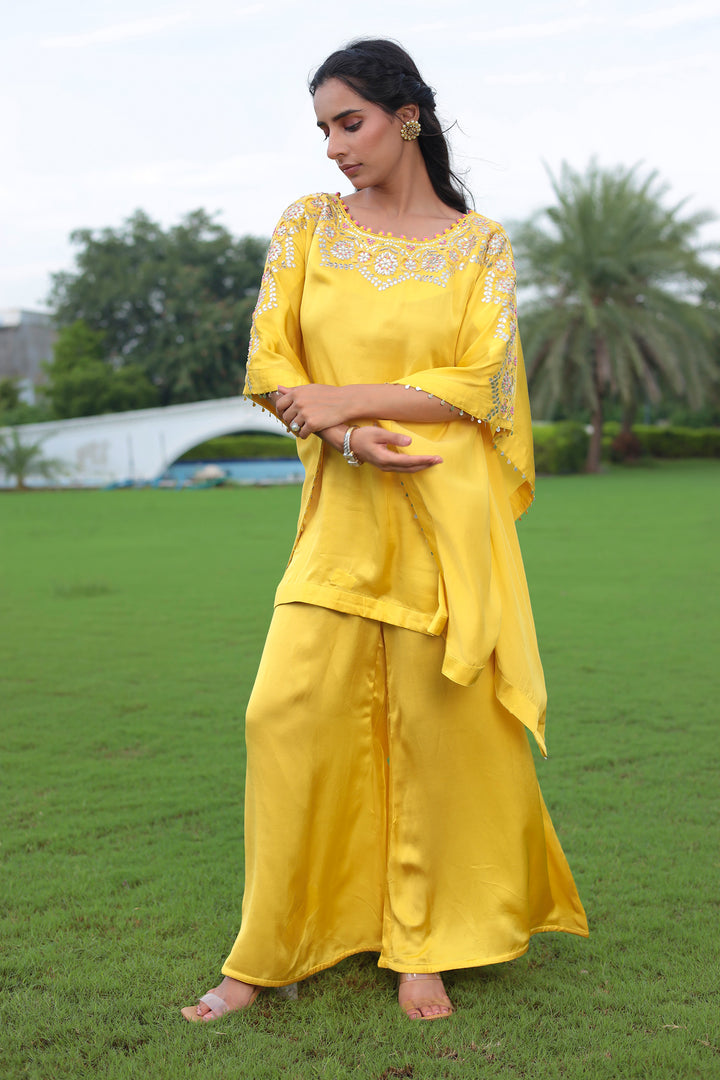Flowy Satin Kaftan Style Suit with Gota Patti Detailing