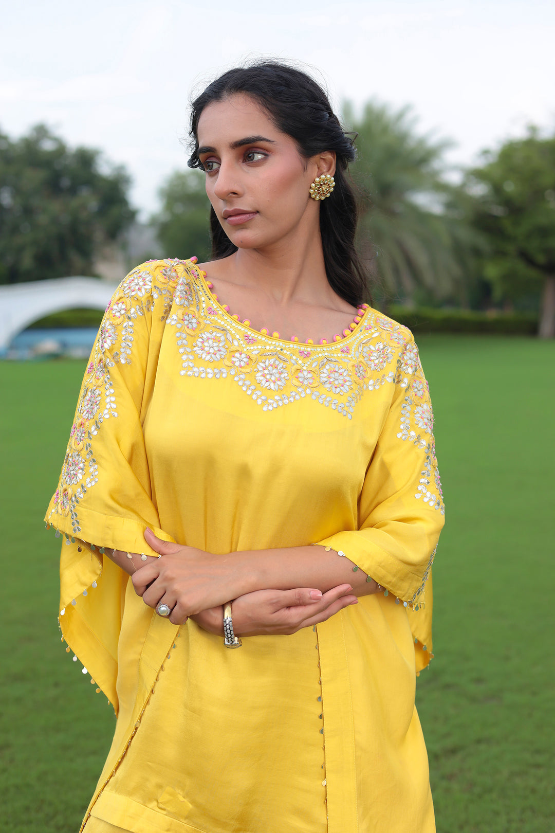Flowy Satin Kaftan Style Suit with Gota Patti Detailing