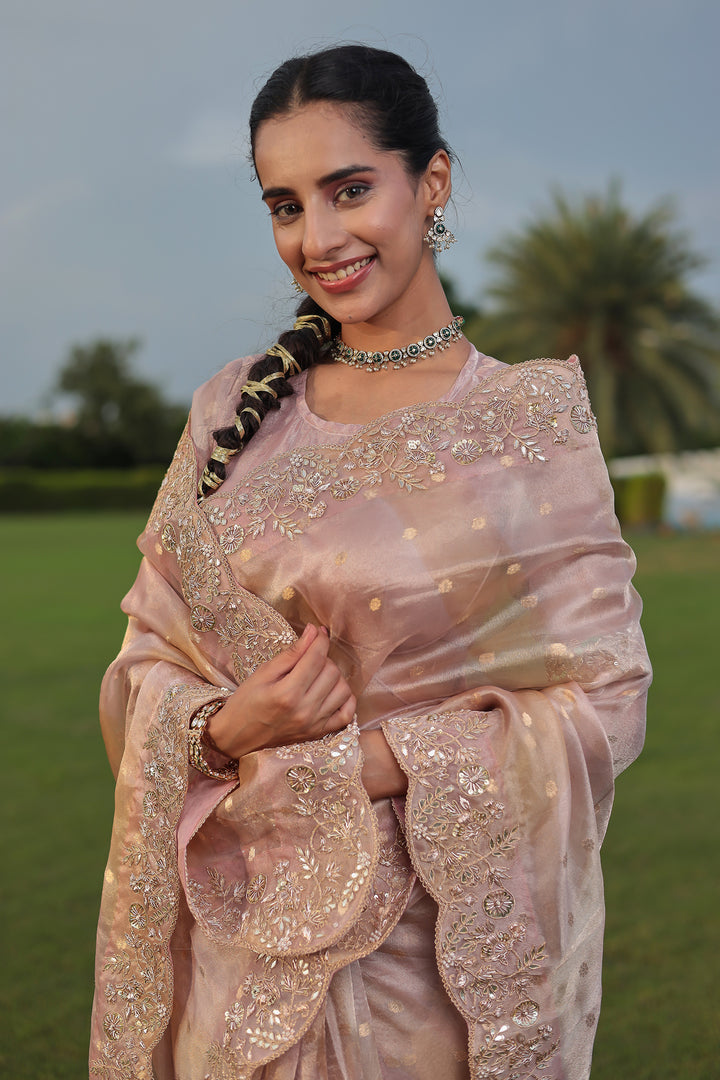 Fancy Tissue Saree with Dori, Gota, Pearl & Zardozi Embellishments