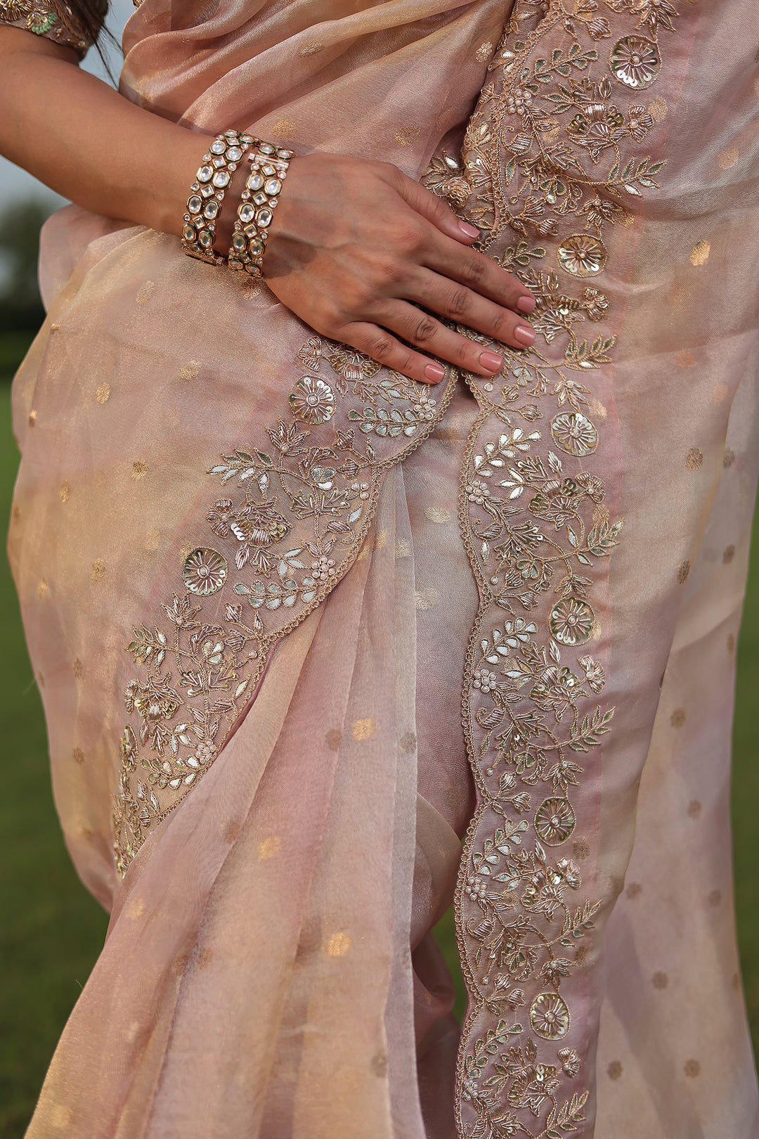 Fancy Tissue Saree with Dori, Gota, Pearl & Zardozi Embellishments